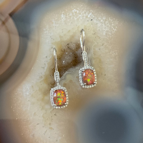 Silver fire opal dangle CZ earrings rectangle cubic zirconia black opal - Picture 4 of 7